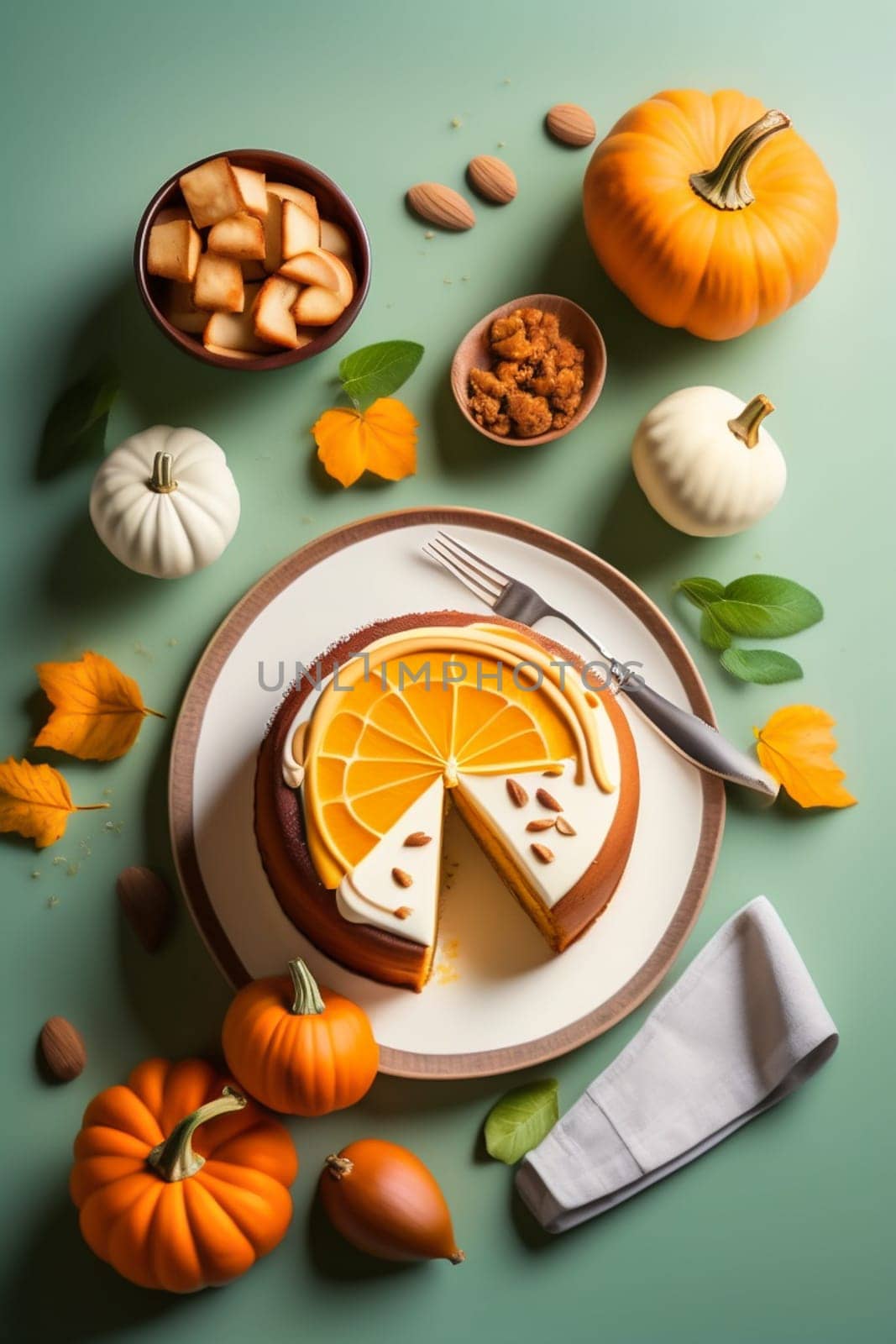 Several pieces of pumpkin cake with nuts on green table, a traditional autumn dish for thanksgiving day and halloween. Generative AI