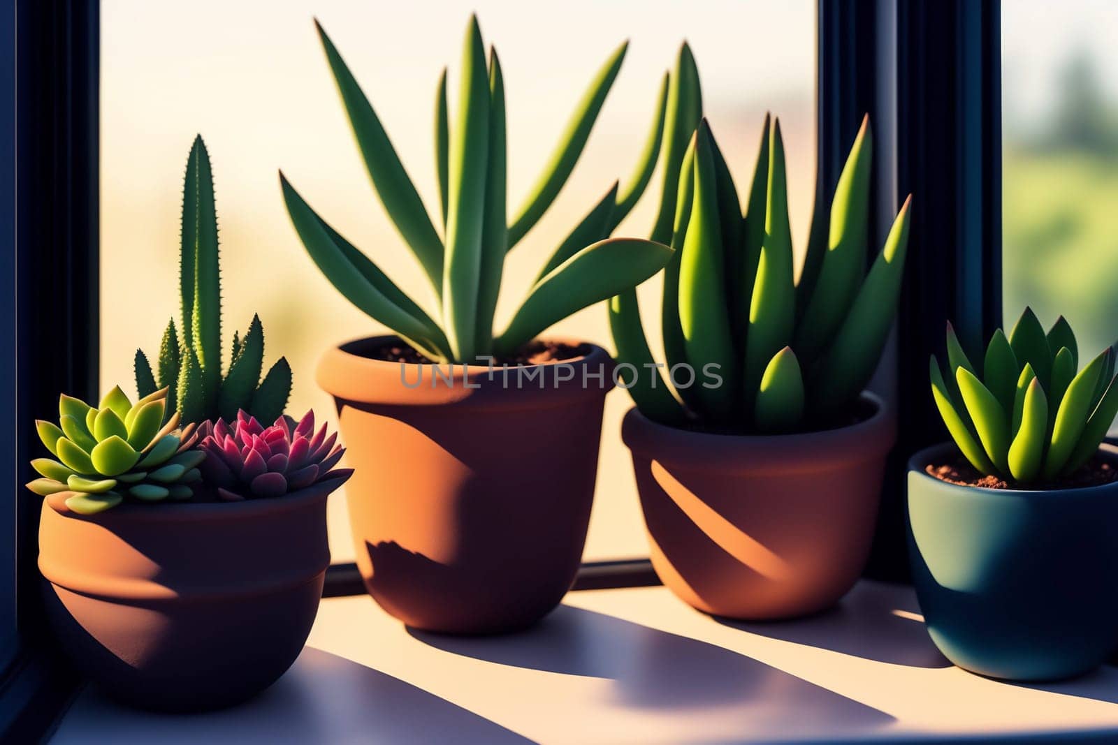 Many different succulents on a windowsill in daylight. Generative AI