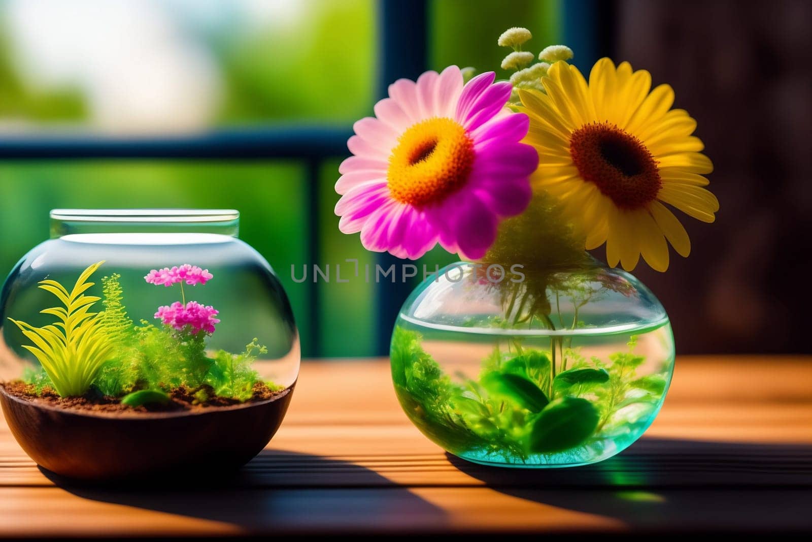 Florarium mini-garden in a glass container on a windowsill, picture in watercolor technique. Generative AI