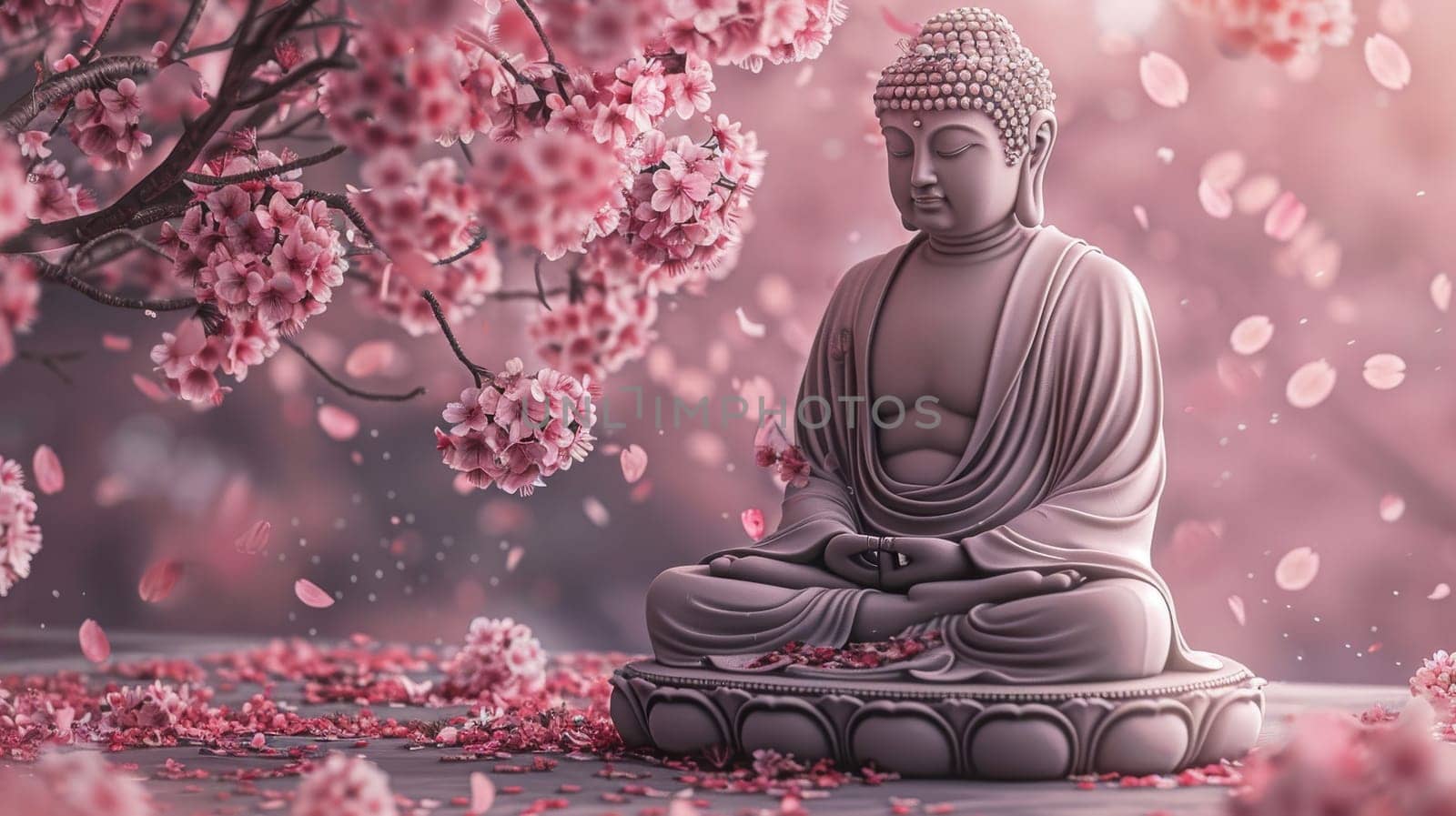 A statue of a Buddha is sitting on a tree branch with pink flowers. The scene is serene and peaceful, with the statue and flowers creating a sense of calm and tranquility