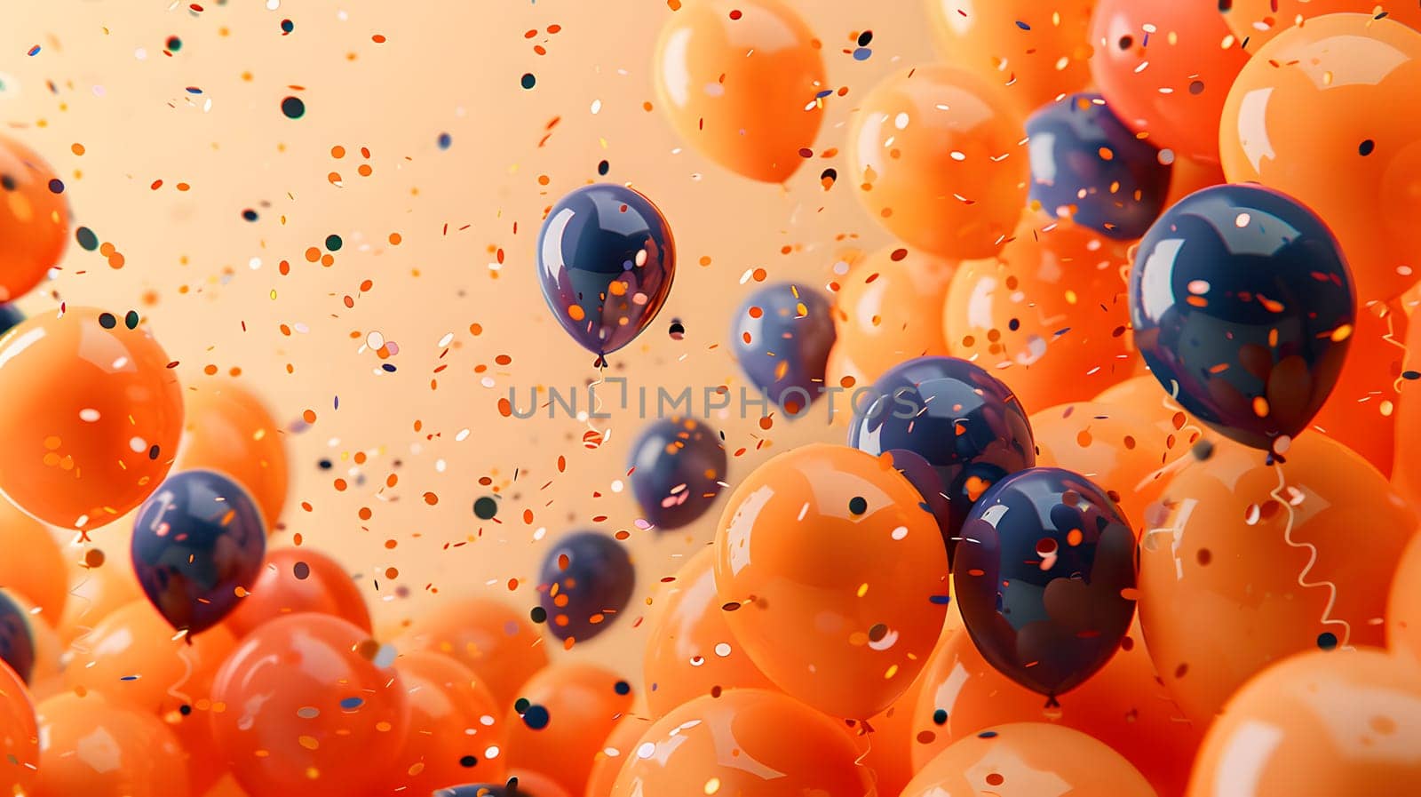 An electric blue liquid drop falls from a climbing hold of bright orange and amber balloons, creating a closeup view of a vibrant organism in the air