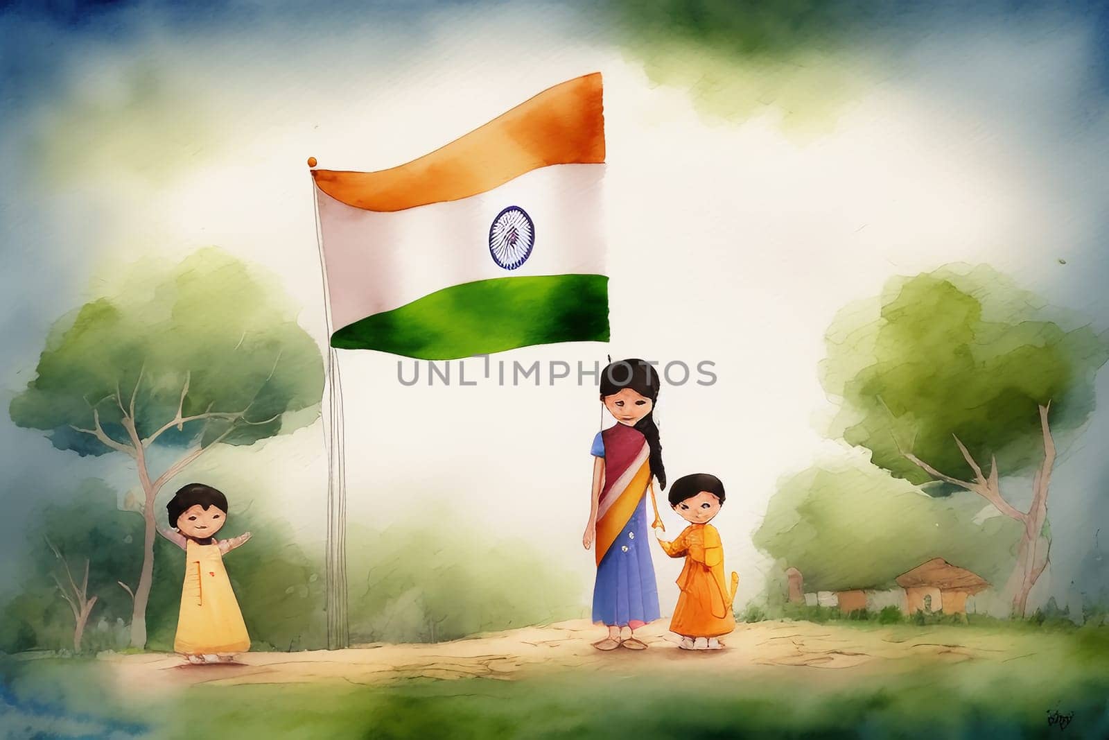 Independence Day of India. Illustration in watercolor style. Generative AI