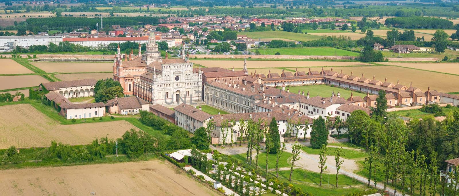 Panorama view of Certosa di Pavia abbey at sunny day by Robertobinetti70