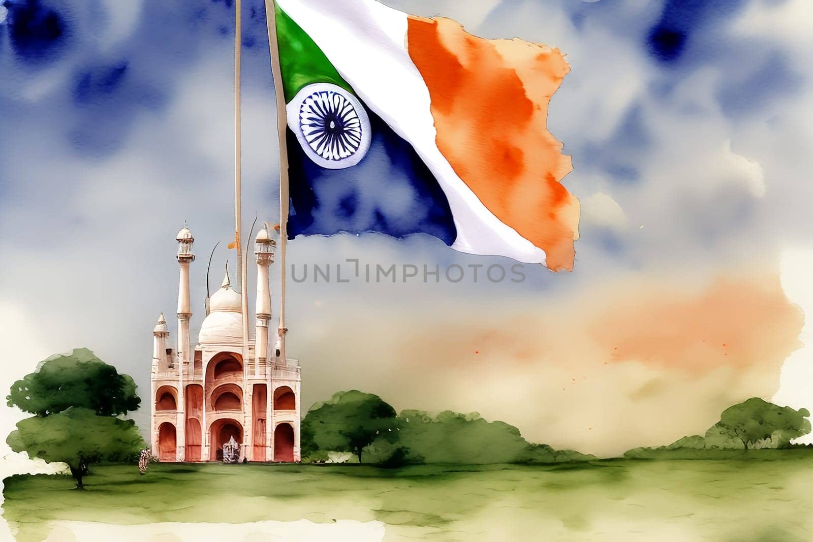 Independence Day of India. Illustration in watercolor style. Generative AI