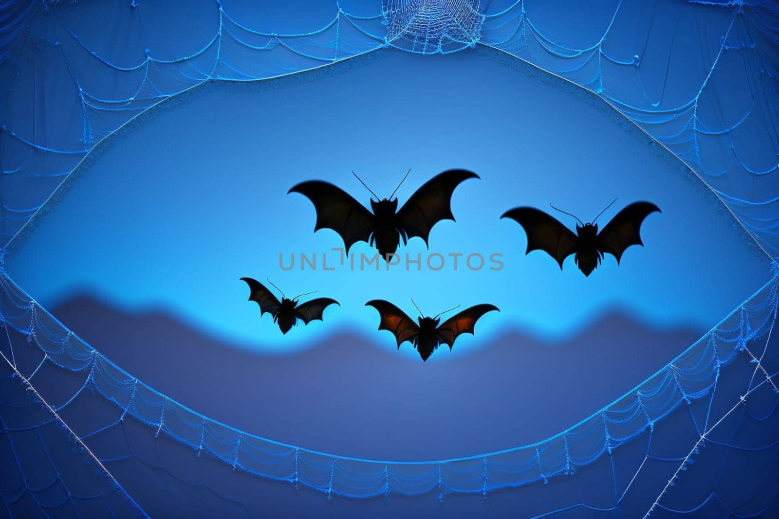 Halloween background with black bats, spider webs on blue background. Horrible background with space to copy your design. Halloween decoration concept. Generative AI