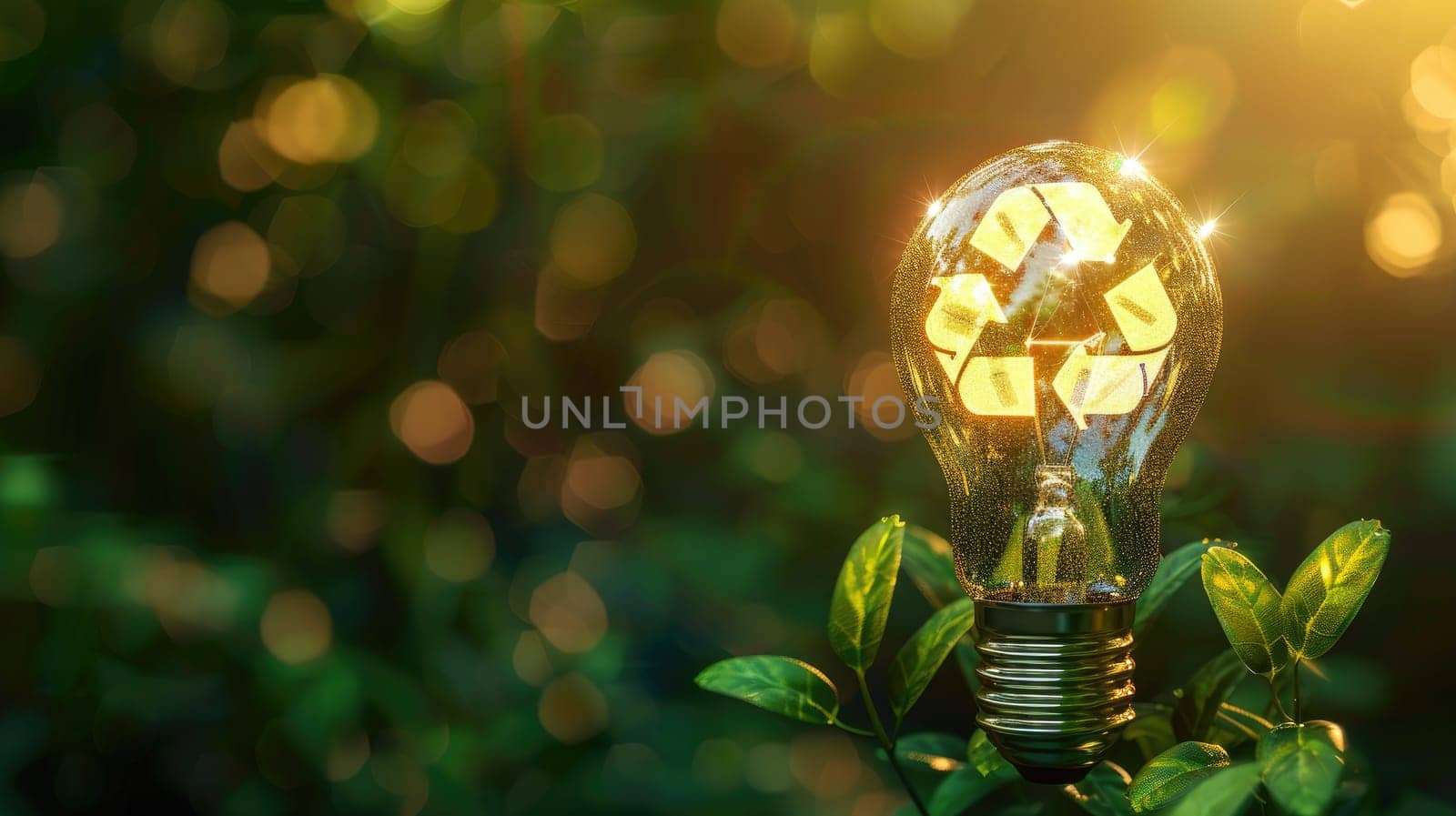 A light bulb with a green recycling symbol on it.