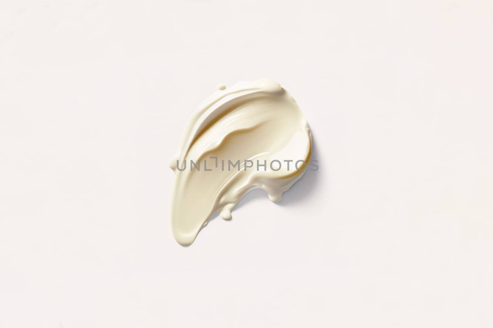 Textured smear of white cosmetic cream on an isolated white background. It can also be polyglutamic acid, hyaluronic acid or serum with ceramides, peptides, retinol molecules. The concept of beauty and health. Flat styling style with copy space. Generative AI