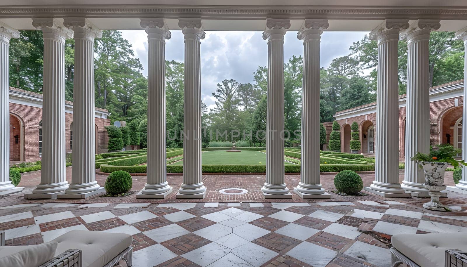The building features a large porch with columns and a checkered composite flooring. The facade is adorned with plants and the landscape includes grass and trees