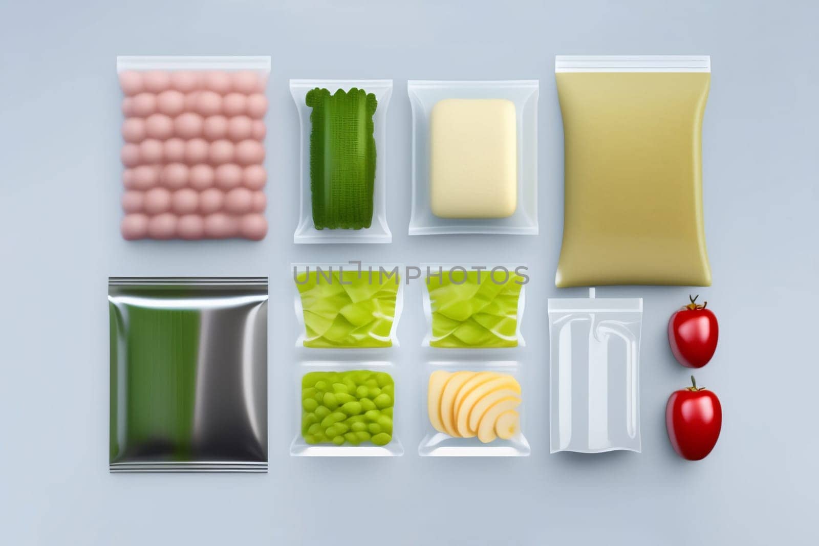 A set of products for dinner: cheese, tomatoes, eggs, green peas, onions, green salad, olive oil sauces and spices. A set for the delivery of food for dinner on a light background. I cook at home. Products in vacuum packaging. Generative AI
