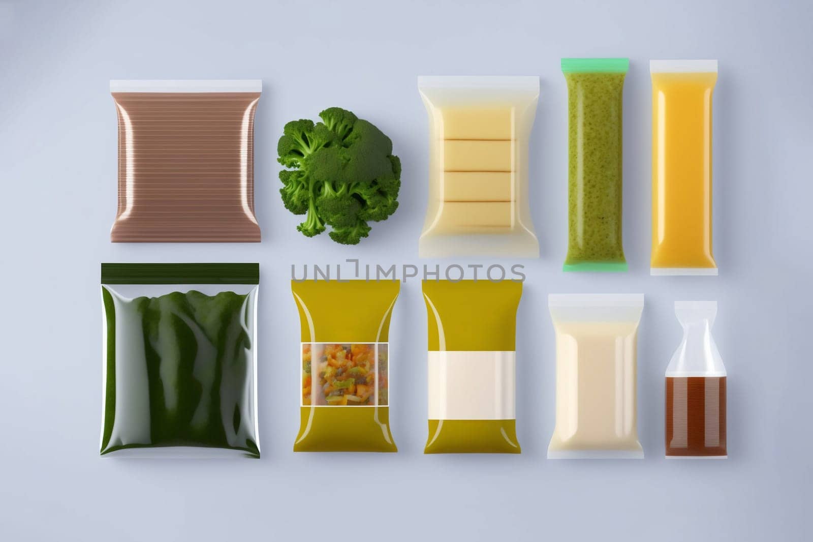 A set of products for dinner: cheese, pasta, broccoli, beef, herbs, green salad, sauces and spices. A set for the delivery of food for dinner on a light background. I cook at home. Products in vacuum packaging. Generative AI.