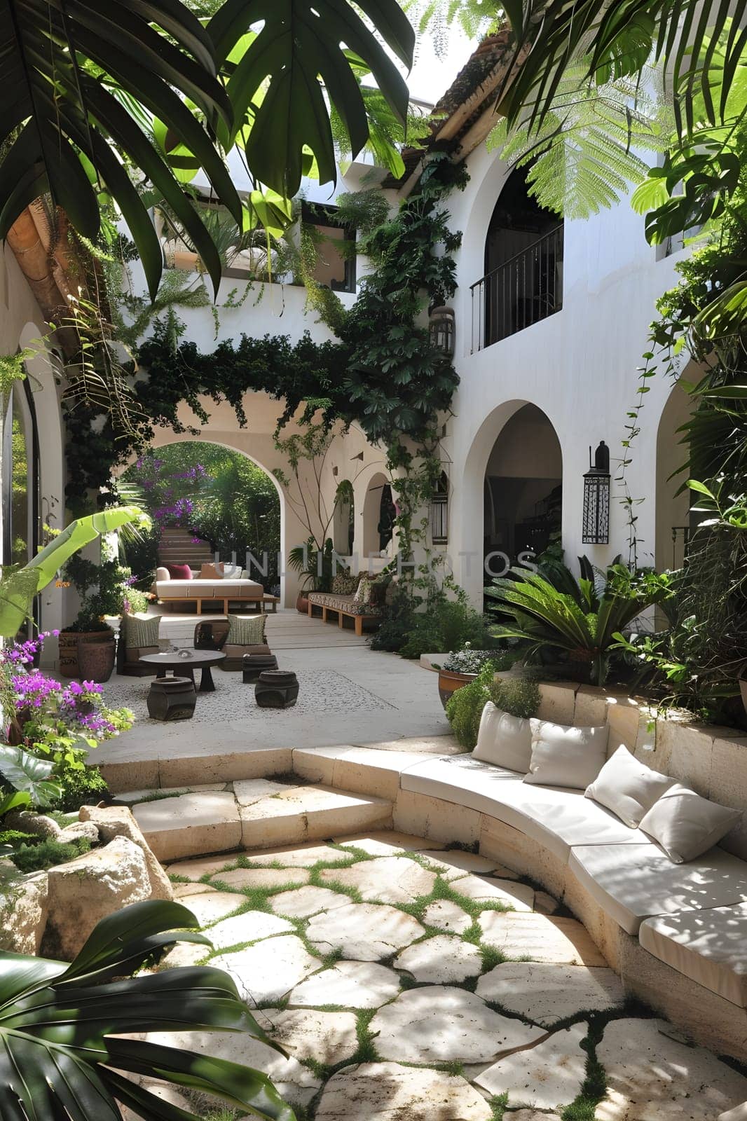 A landscaped courtyard featuring a curved couch in the center surrounded by lush green grass, trees, and potted plants, creating a serene outdoor space in front of a beautiful building facade