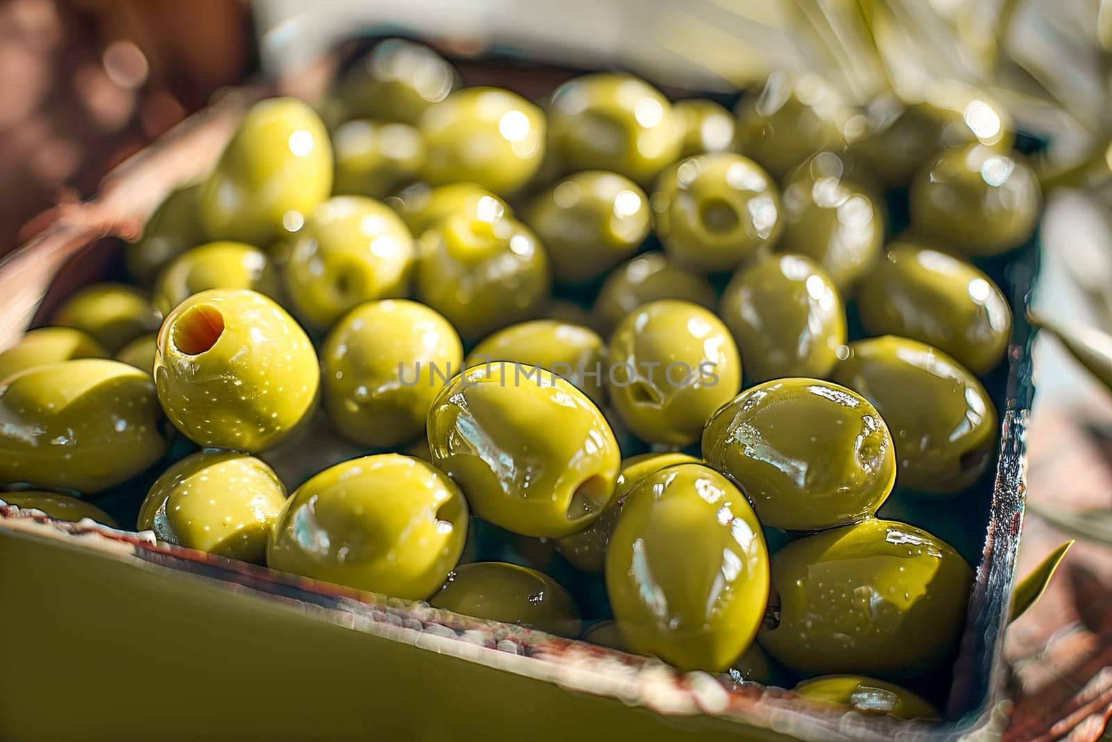 Close-up on ripe green olives marinated with spices. Healthy food, Mediterranean cuisine.