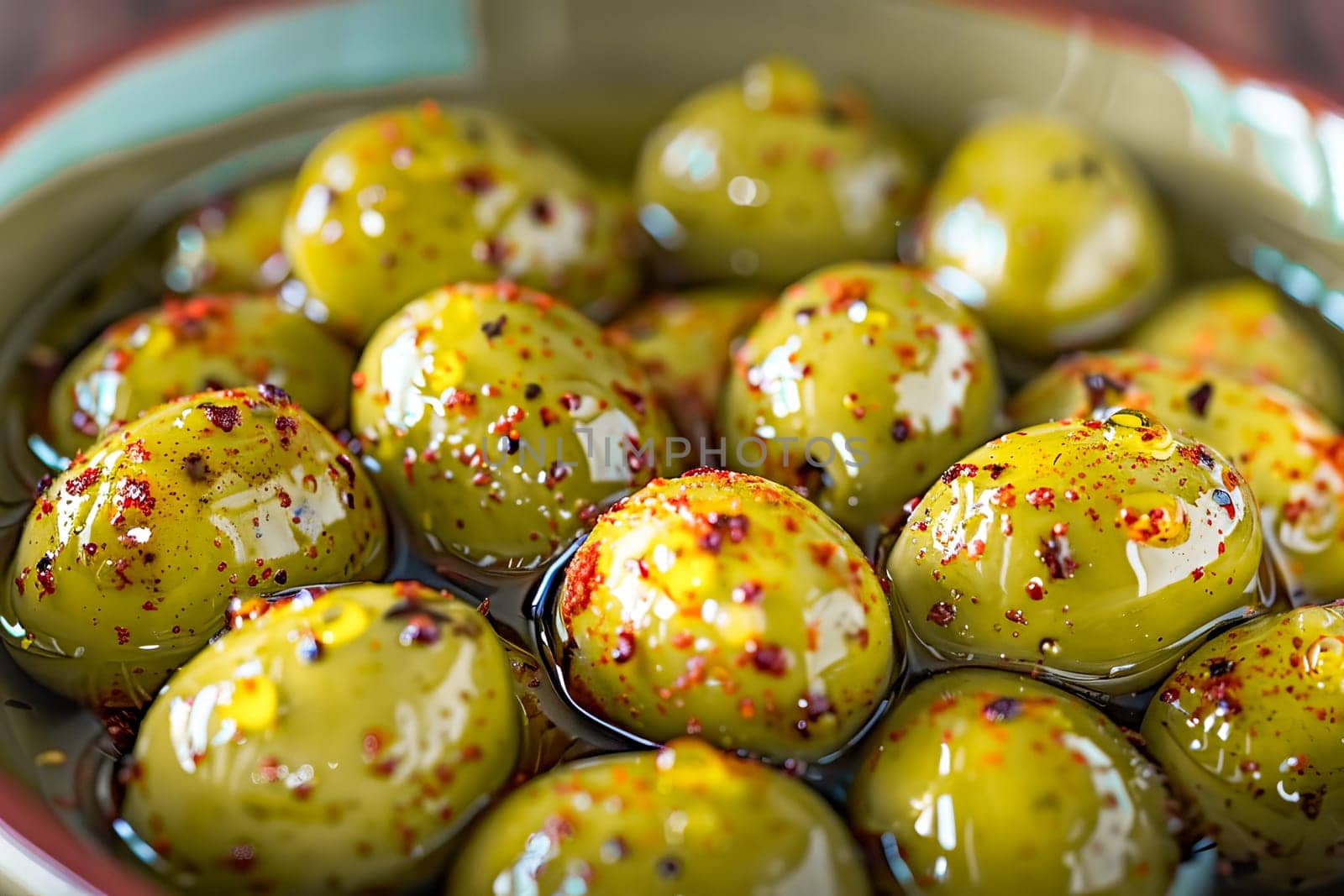 Close-up on ripe green olives marinated with spices. Healthy food, Mediterranean cuisine.