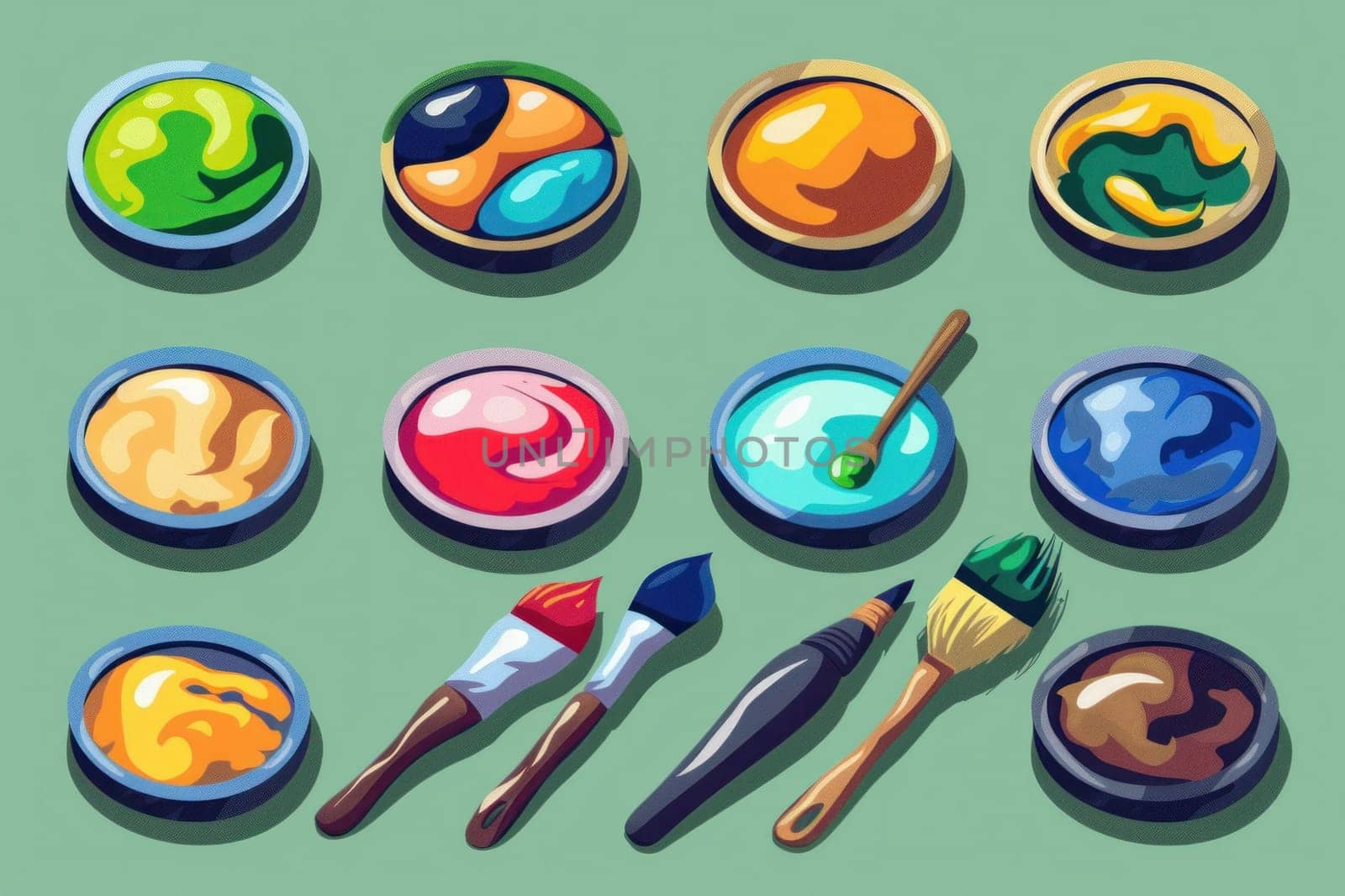 Variety of paint brushes and pots on green background with paint and paint brushes writing