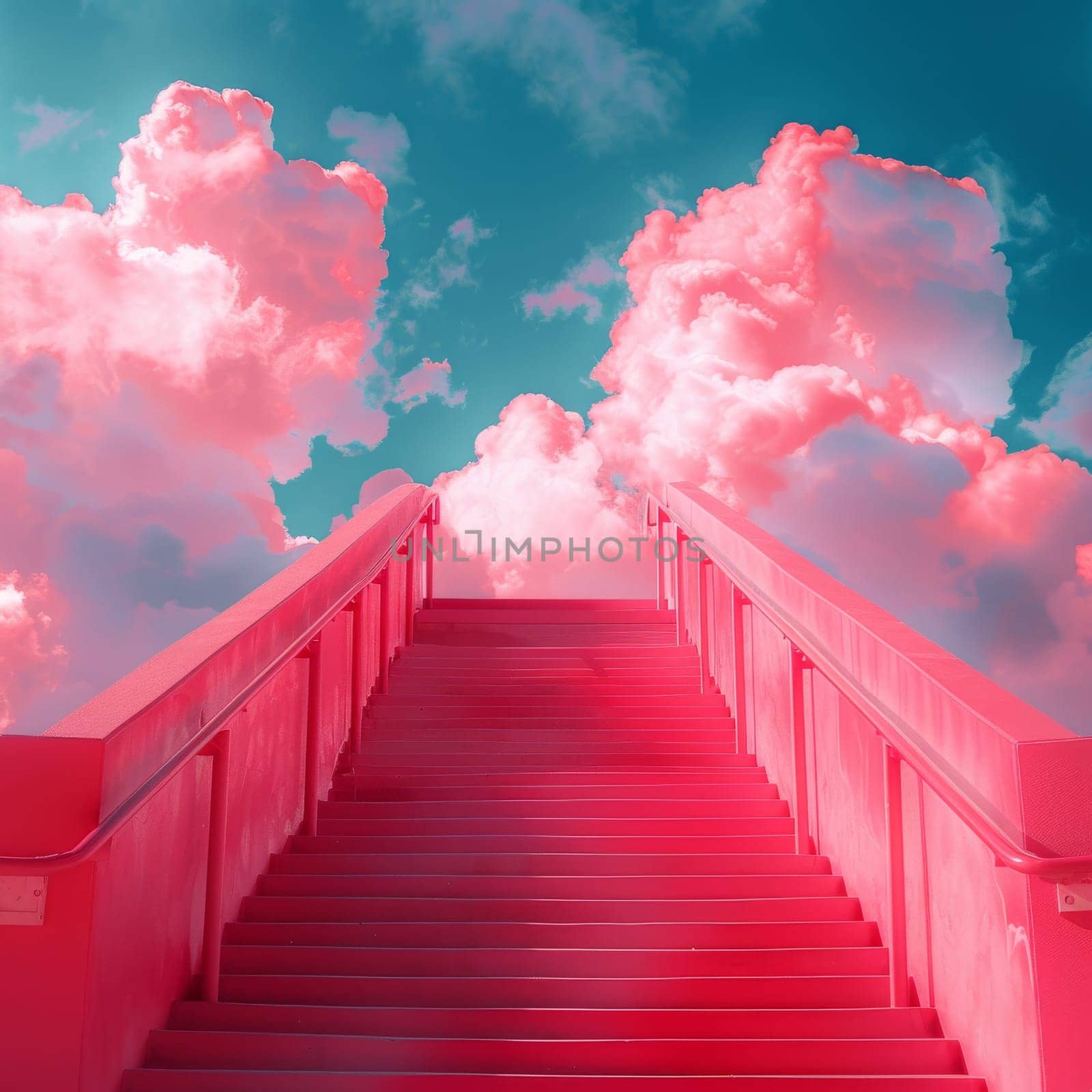 A pink sky with a staircase in the clouds. The image has a dreamy and whimsical mood, as if the viewer is looking up at a magical world