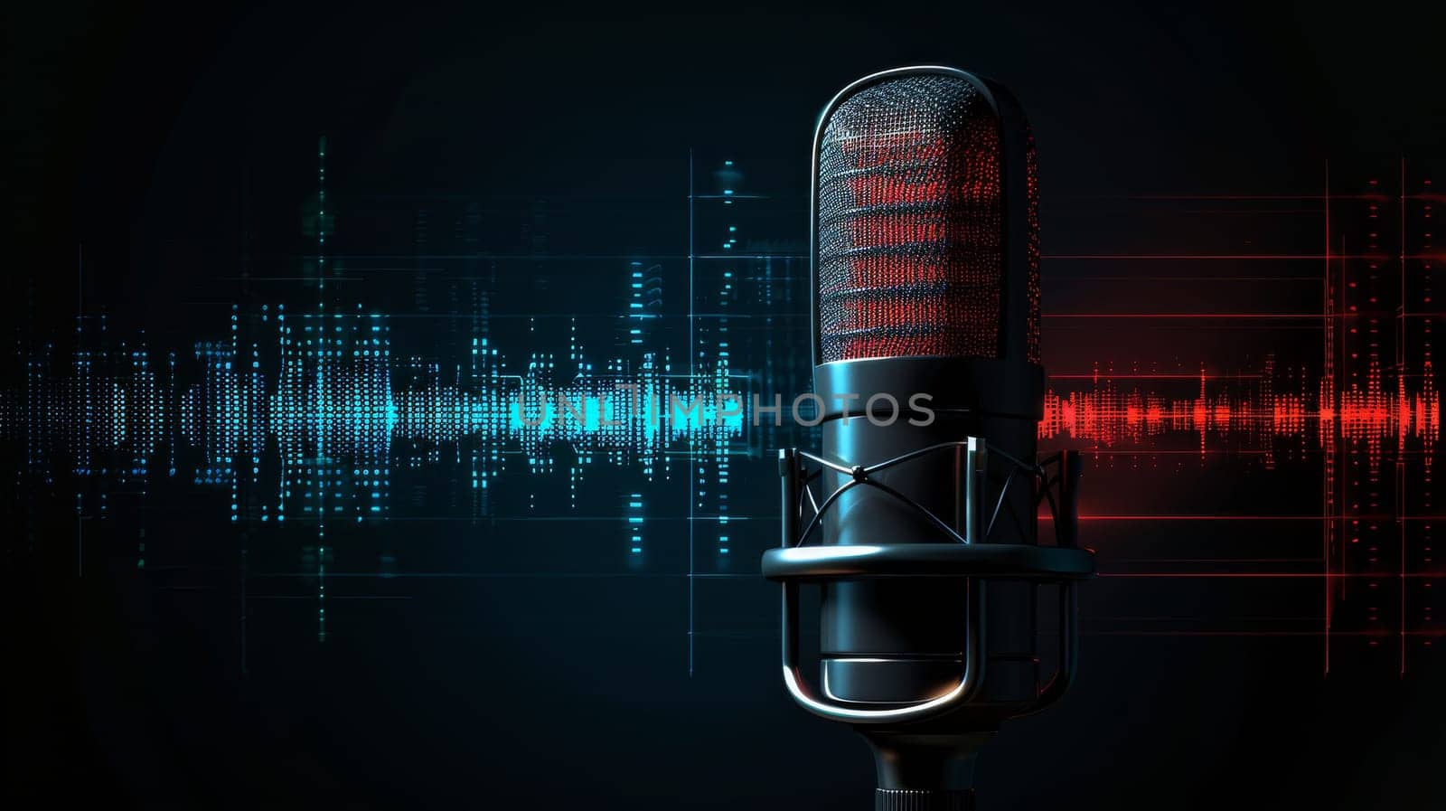 Microphone for broadcasting or podcast with waveform on blue background.