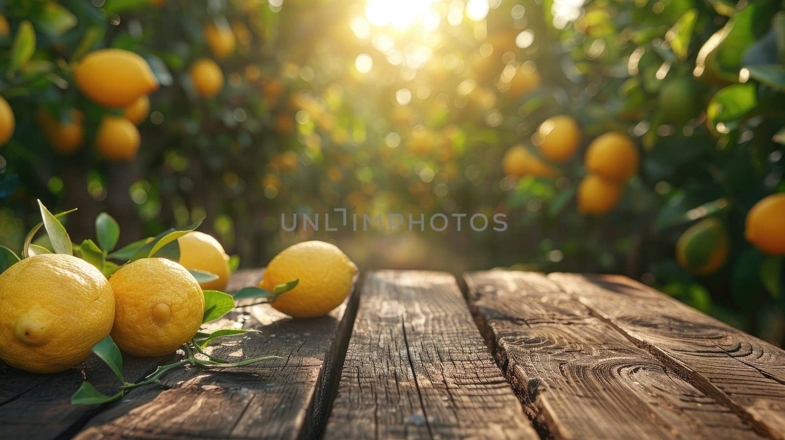 A rustic wooden table place of free space for your decoration and lemon trees, Wooden table place with lemon.