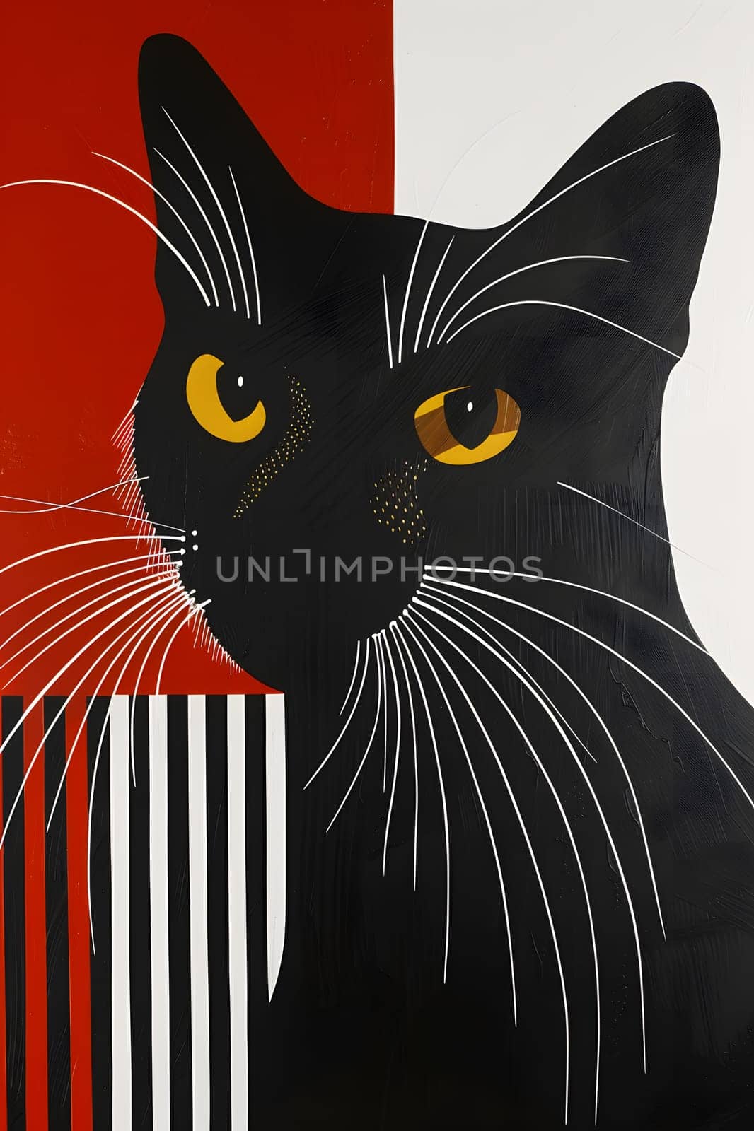 A domestic shorthaired black cat with yellow eyes, whiskers, and a snout is depicted in a closeup, artistic style on a red and white background