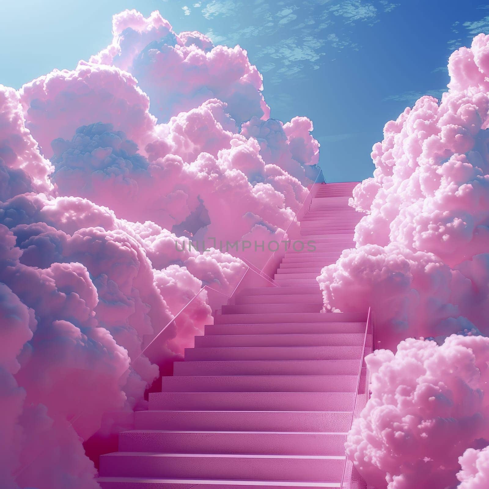 A pink sky with a staircase in the clouds. The image has a dreamy and whimsical mood, as if the viewer is looking up at a magical world