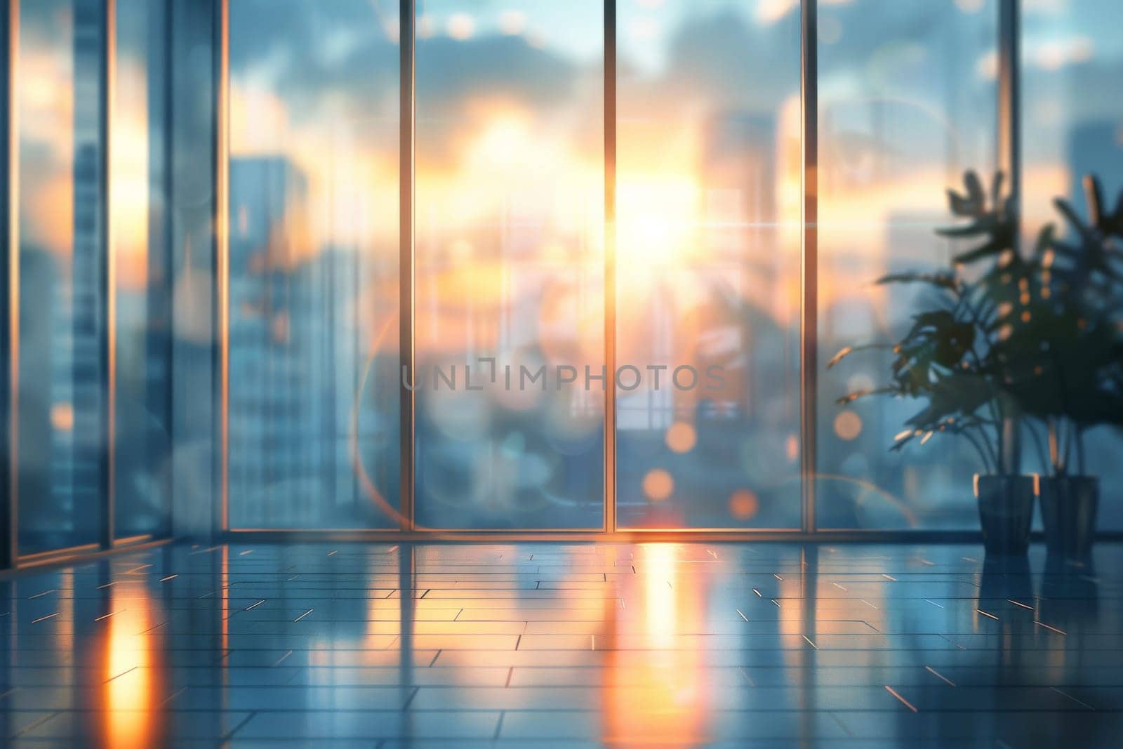 A window with a view of a city skyline and a plant in a vase. The sunlight is shining through the window, creating a warm and inviting atmosphere