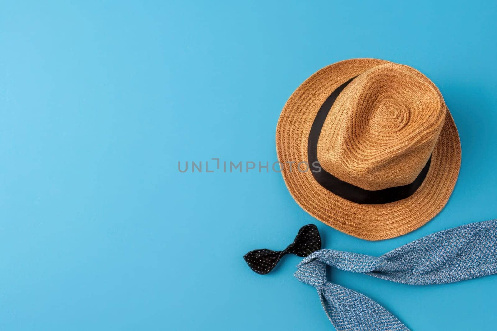 Elegant accessories for a stylish business look on blue background with copy space for text