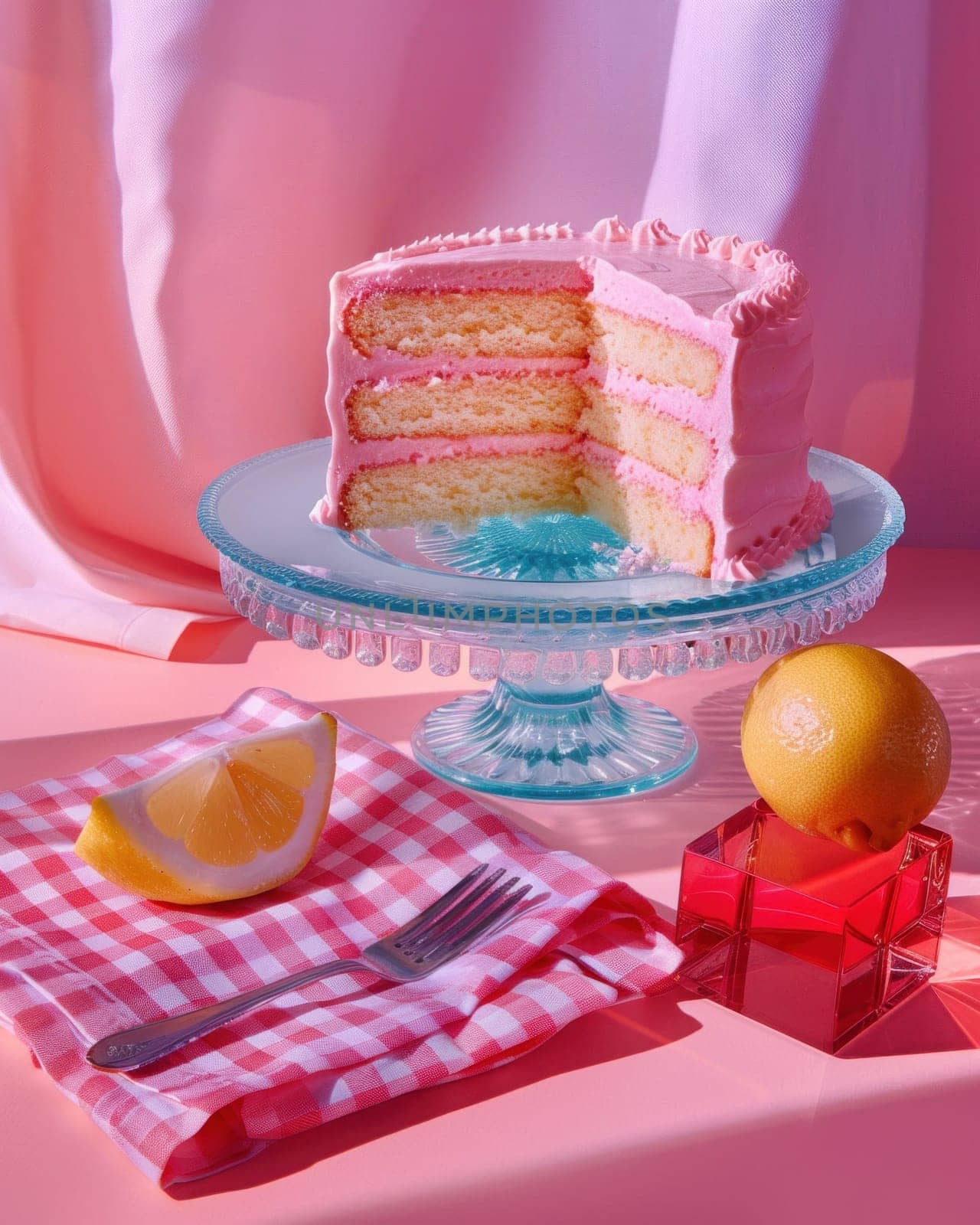 Pink cake slice with fork and knife on table for beauty and artistic indulgence