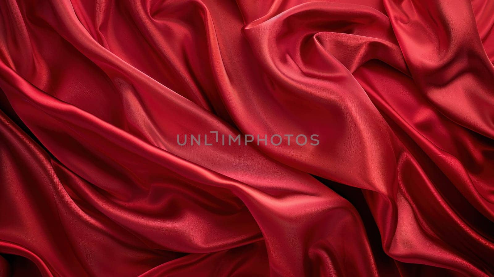 Red satin fabric with folds and pleats, textile texture close up for fashion, beauty, and art design concept