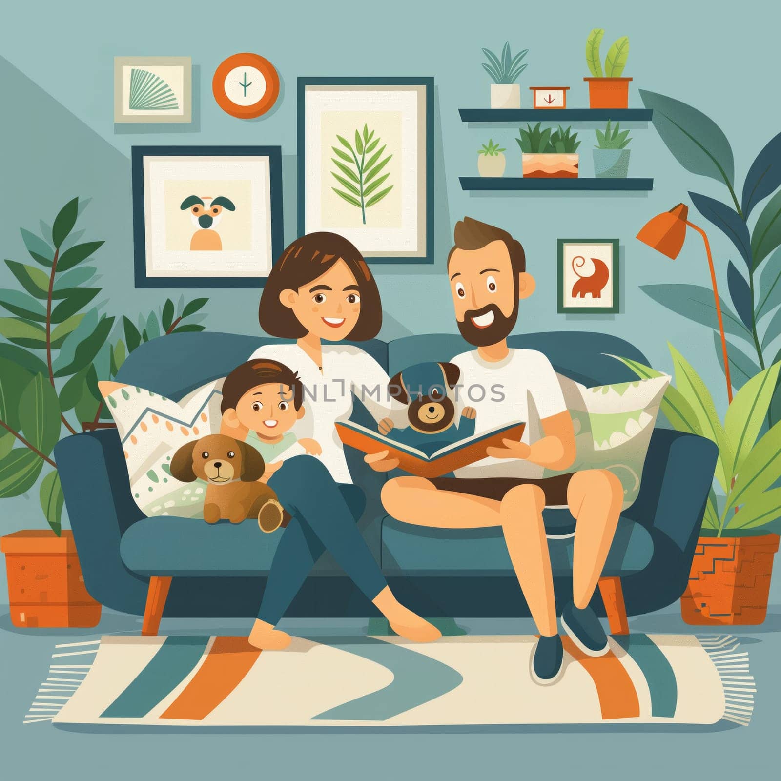 Happy Family Sitting on Couch With Dog Image