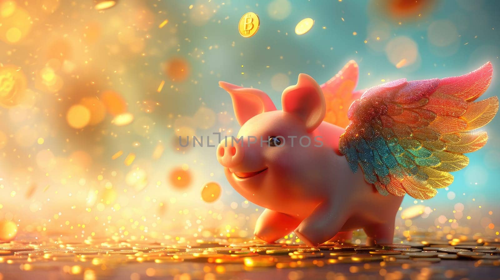 A piggy bank with rainbow angel wings and gold coin flying, A piggy bank for creative financial, Savings concept design.