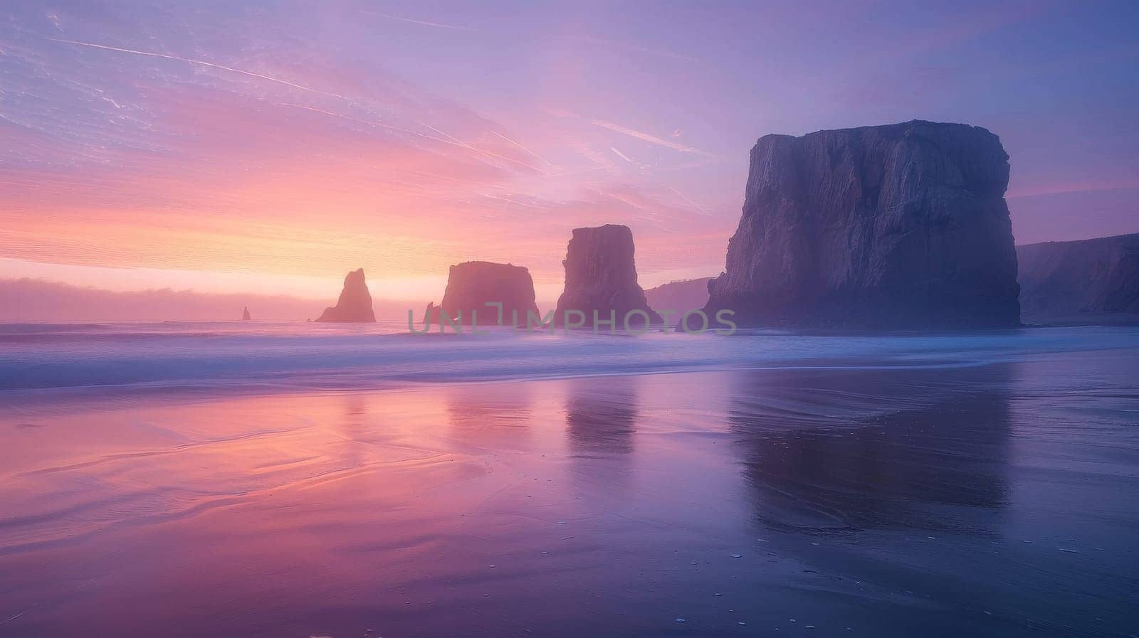 A beautiful sunset over the ocean, with a rocky shoreline in the background. The sky is filled with pink and orange hues, creating a serene and peaceful atmosphere