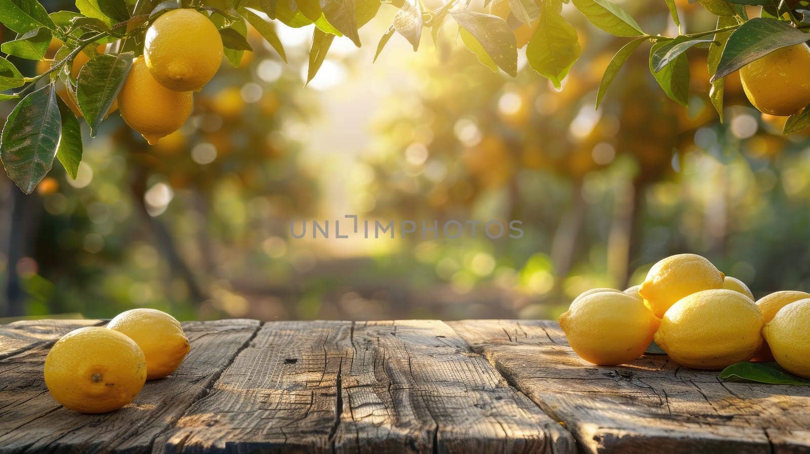 A rustic wooden table place of free space for your decoration and lemon trees, Wooden table place with lemon.