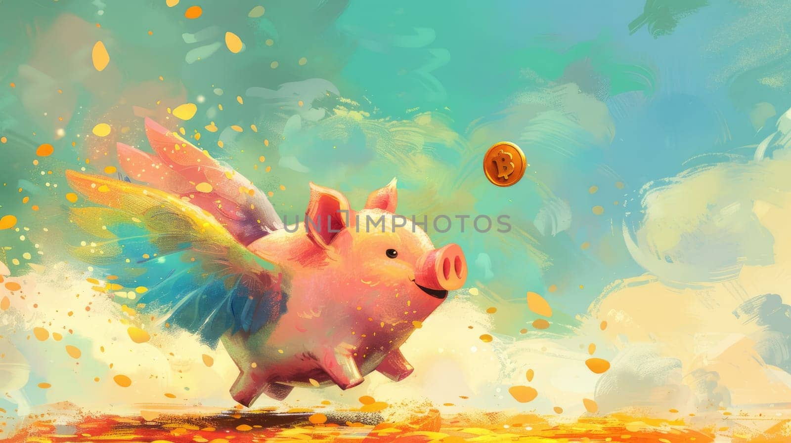 A piggy bank with rainbow angel wings and gold coin flying, A piggy bank for creative financial, Savings concept design.