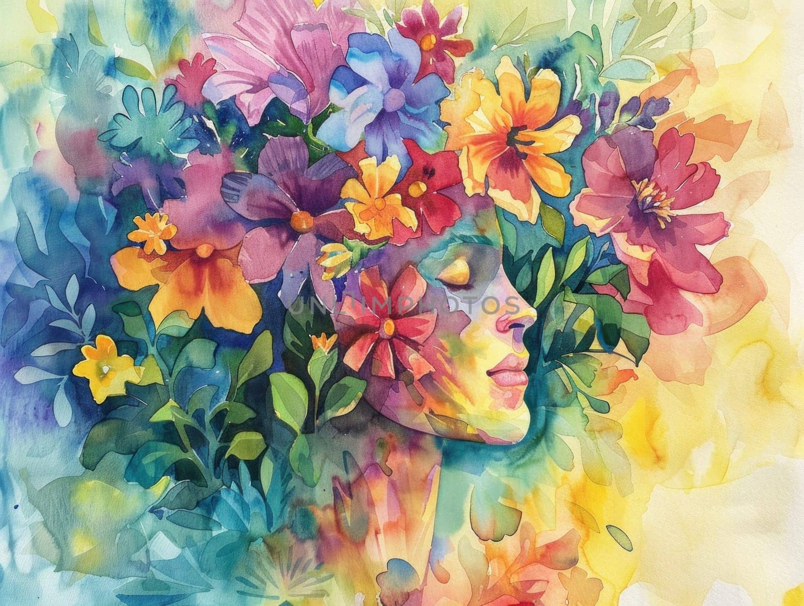 Watercolor painting of a woman adorned with flowers and floral decor, beauty and art theme