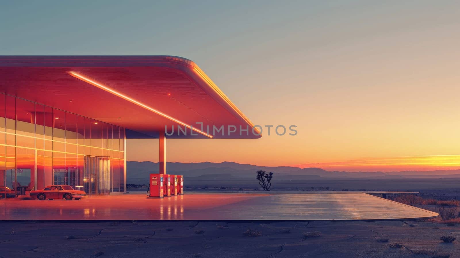 A gas station with a red roof and neon lights. The sky is orange and the sun is setting