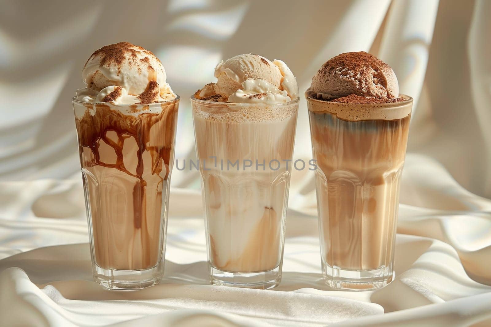 Three glasses of coffee with whipped cream on top. The glasses are arranged in a row on a table