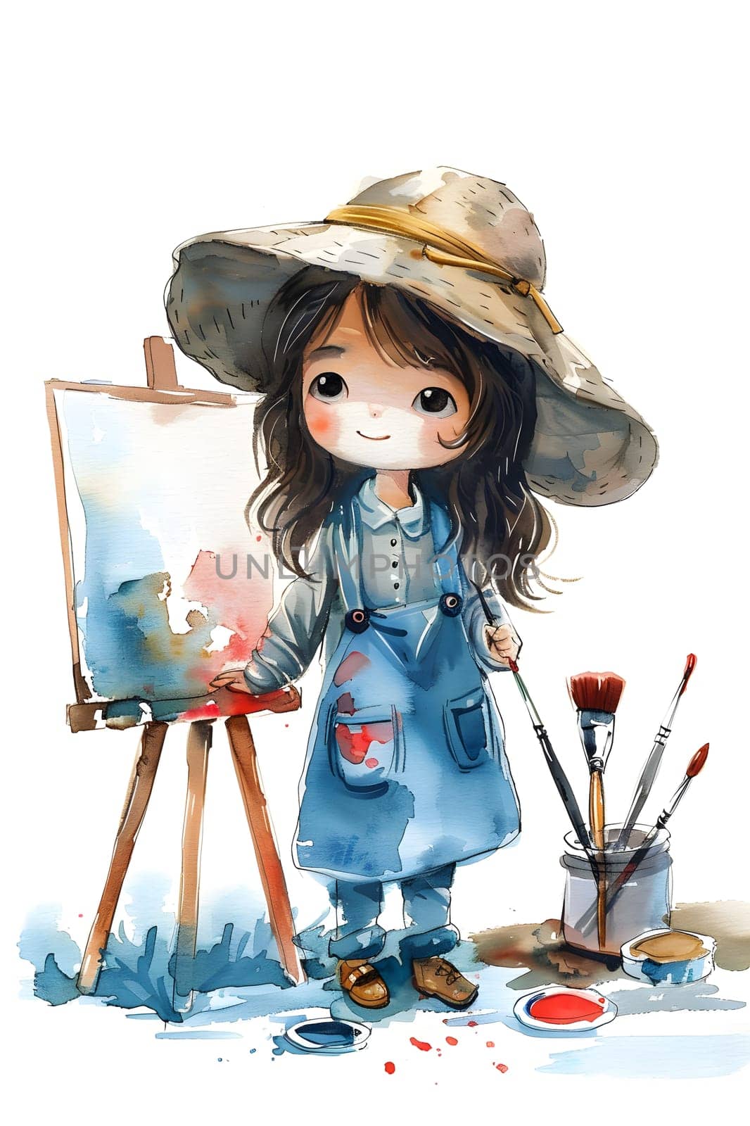 A little girl is creating art on an easel, painting a picture while wearing a sun hat. She is also showcasing her fashion design skills by choosing different costume hats for her dolls