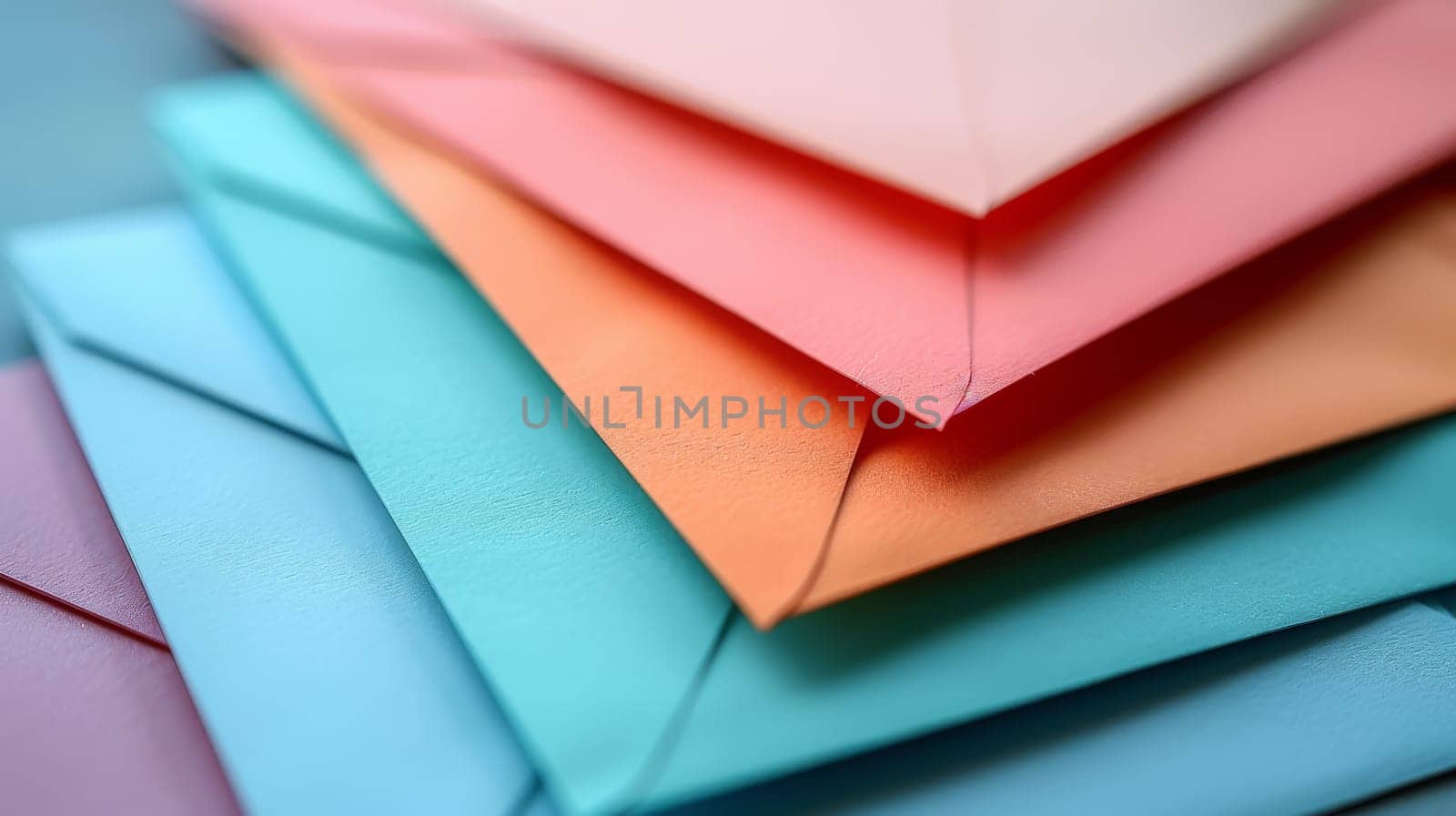 A stack of colorful envelopes on a wooden table. The envelopes are arranged in a rainbow pattern, with each envelope a different color. Concept of joy and celebration