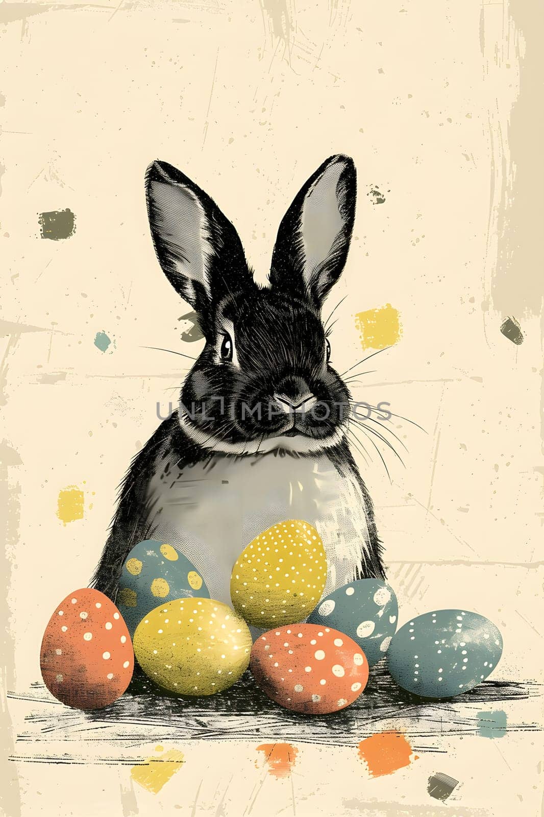 A hare, a type of rabbit, sits beside a collection of Easter eggs. This terrestrial animal is a common subject in visual arts and paintings, often depicted as a working animal during events