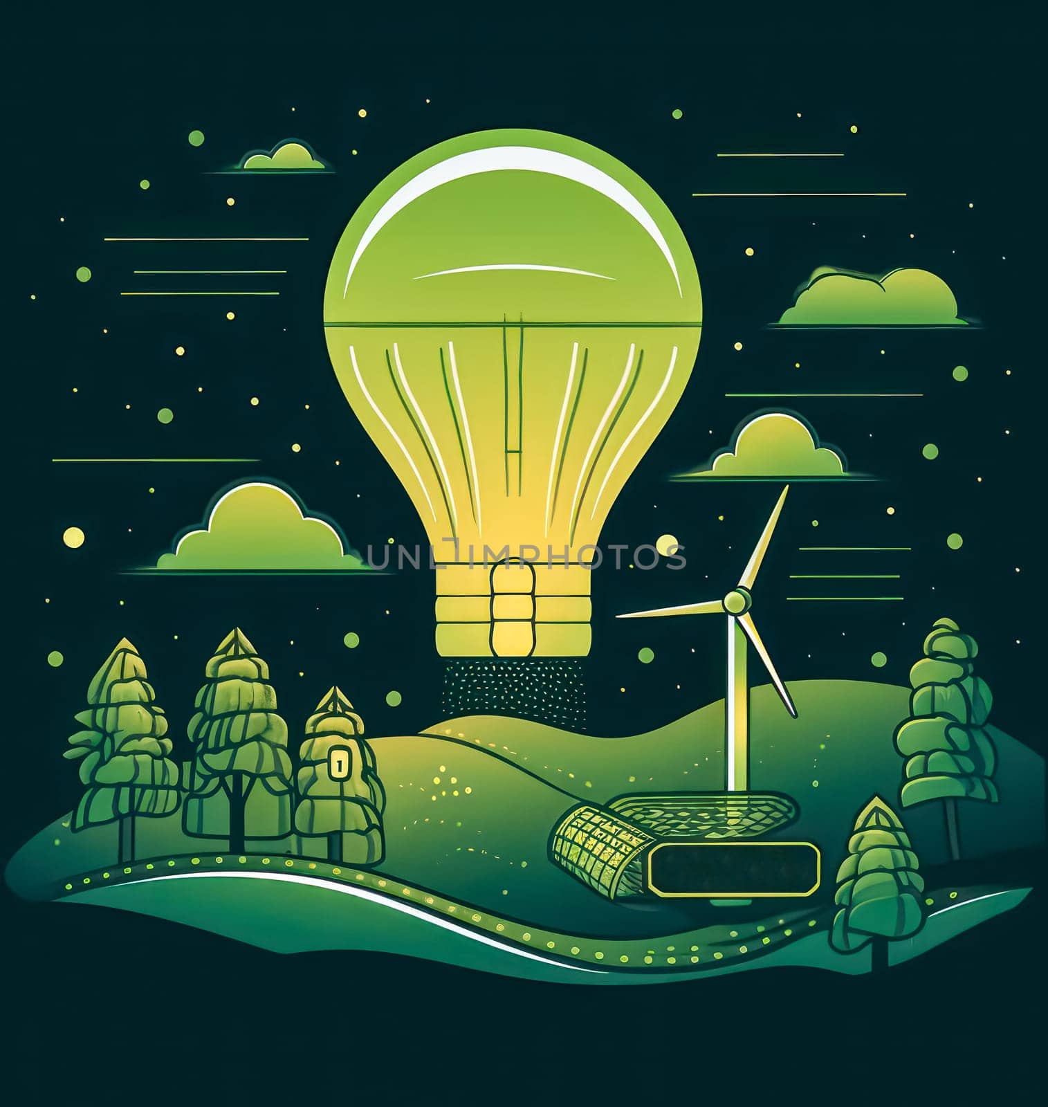 A green light bulb is flying through the sky above a windmill. The scene is set in a forest with trees and a hill in the background. Scene is peaceful and serene, with the light bulb representing hope