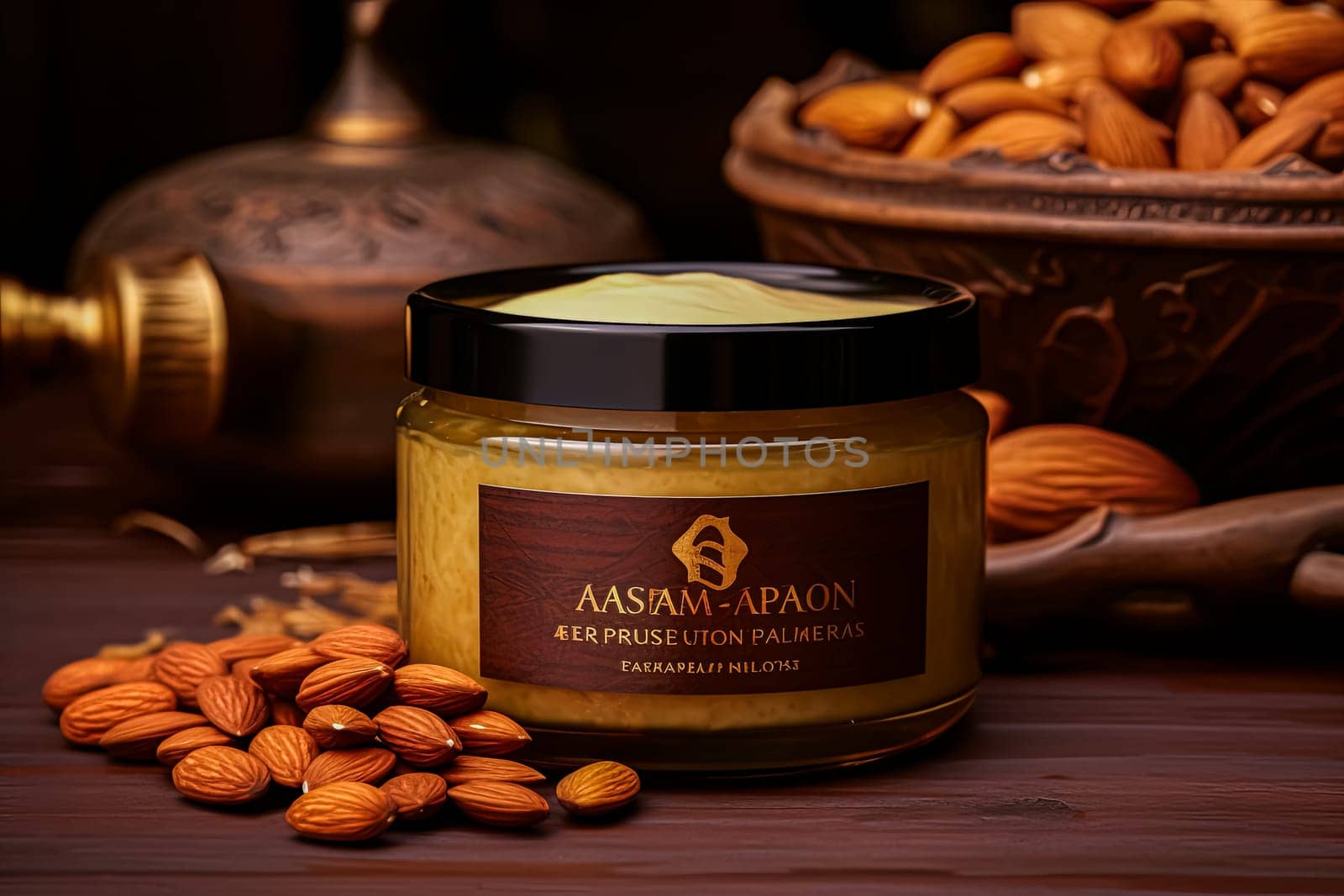 A jar of almond butter sits on a table next to a bowl of almonds. Almond oil for skincare on face and decollete