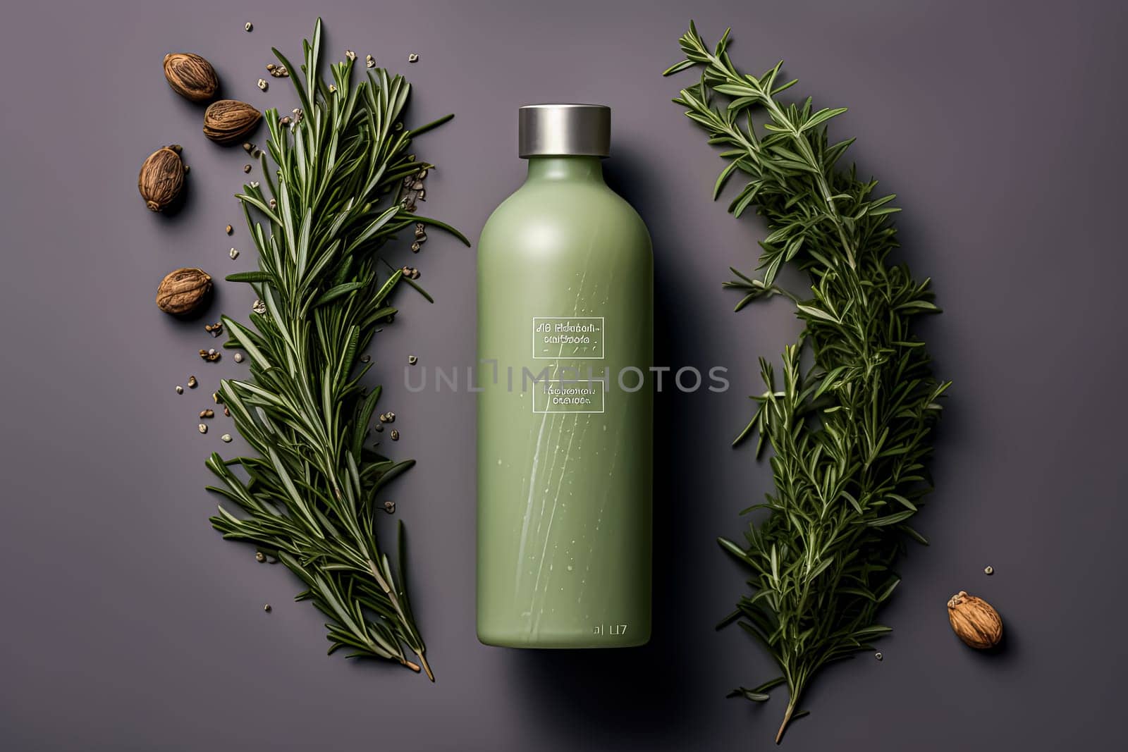 A bottle of water is surrounded by herbs and spices. The bottle is green and has a silver cap. The herbs and spices include parsley, rosemary, and thyme. Concept of freshness and health
