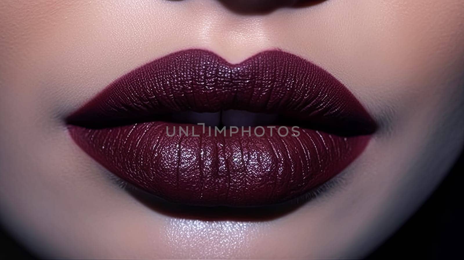 A woman's lips are painted a deep burgundy color. The lips are full and plump, giving the impression of a seductive and confident woman. Concept of glamour and allure