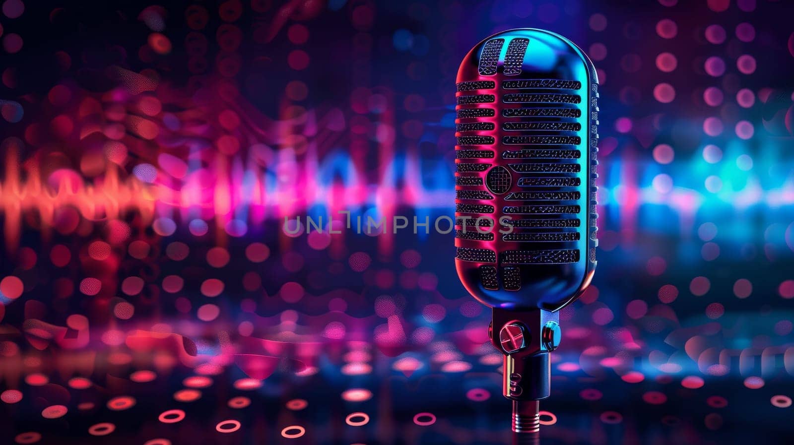 Microphone for broadcasting or podcast with waveform on blue background.