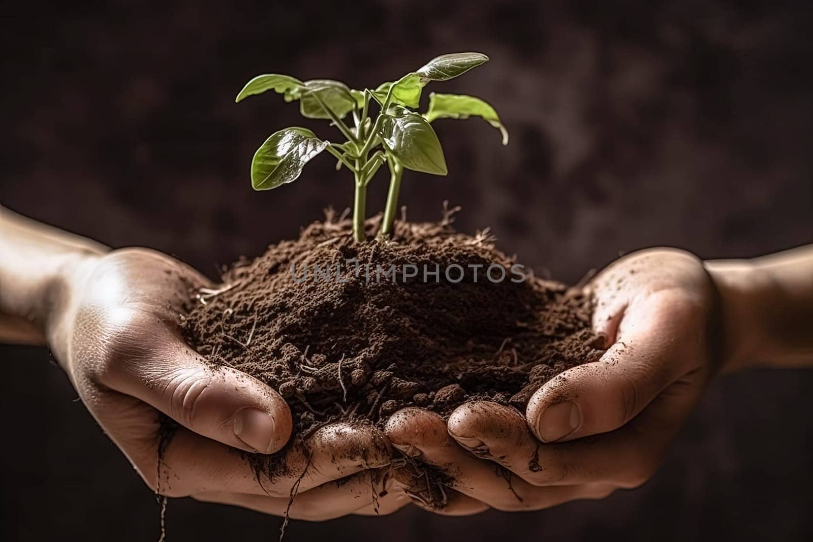 A person is holding a small plant in their hand. The plant is surrounded by dirt and he is a seedling. Concept of nurturing and growth, as the person is taking care of the plant