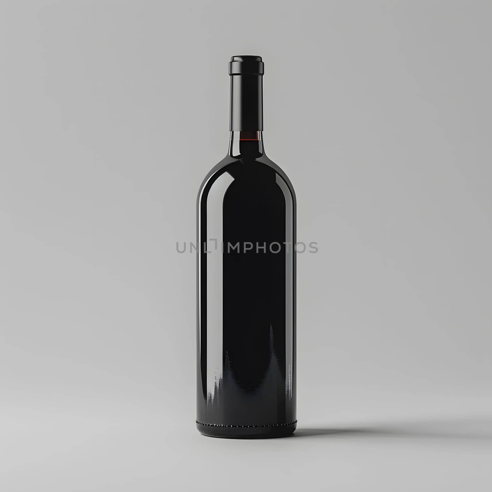 An electric blue wine bottle is resting on a rectangular gray table. The sleek glass cylinder contains liquid, standing out against the neutral surface