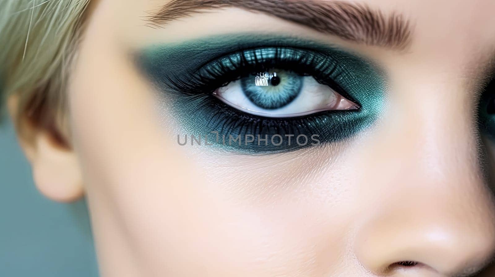 A woman with red and black eye makeup. The eye makeup is bold and dramatic, with the red and black colors contrasting against her blue eyes. Scene is edgy and confident