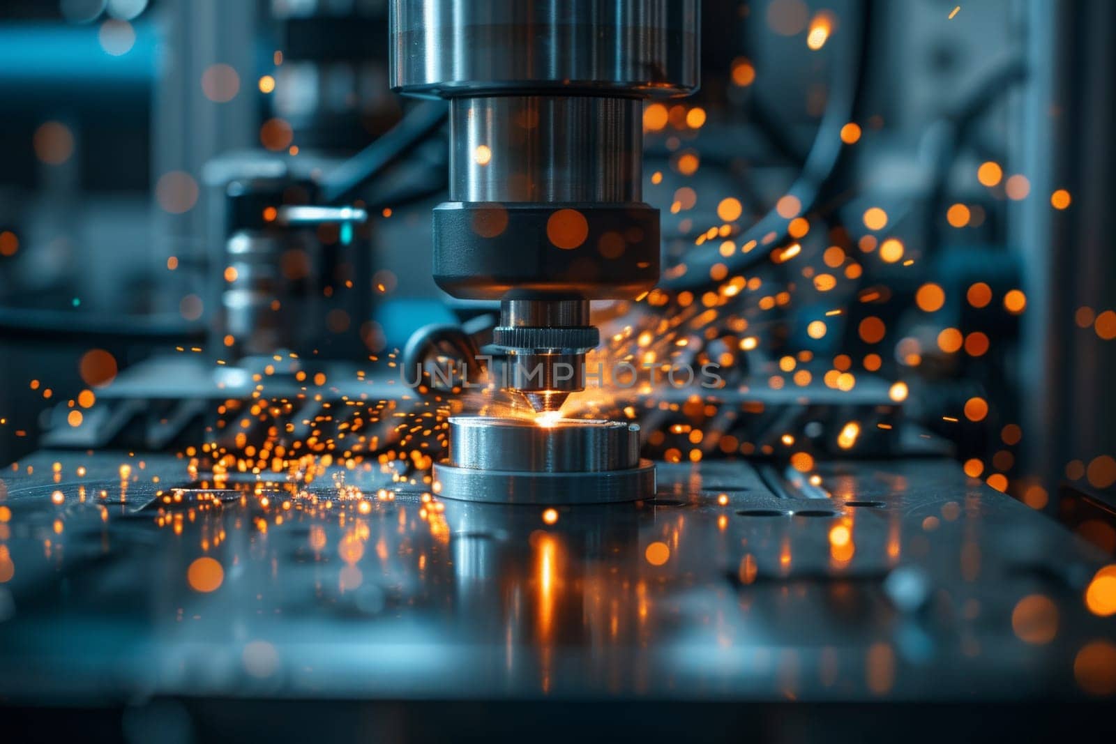 A machine is cutting through metal, creating sparks and a sense of danger. The image conveys a feeling of intense work and the potential for danger in the process