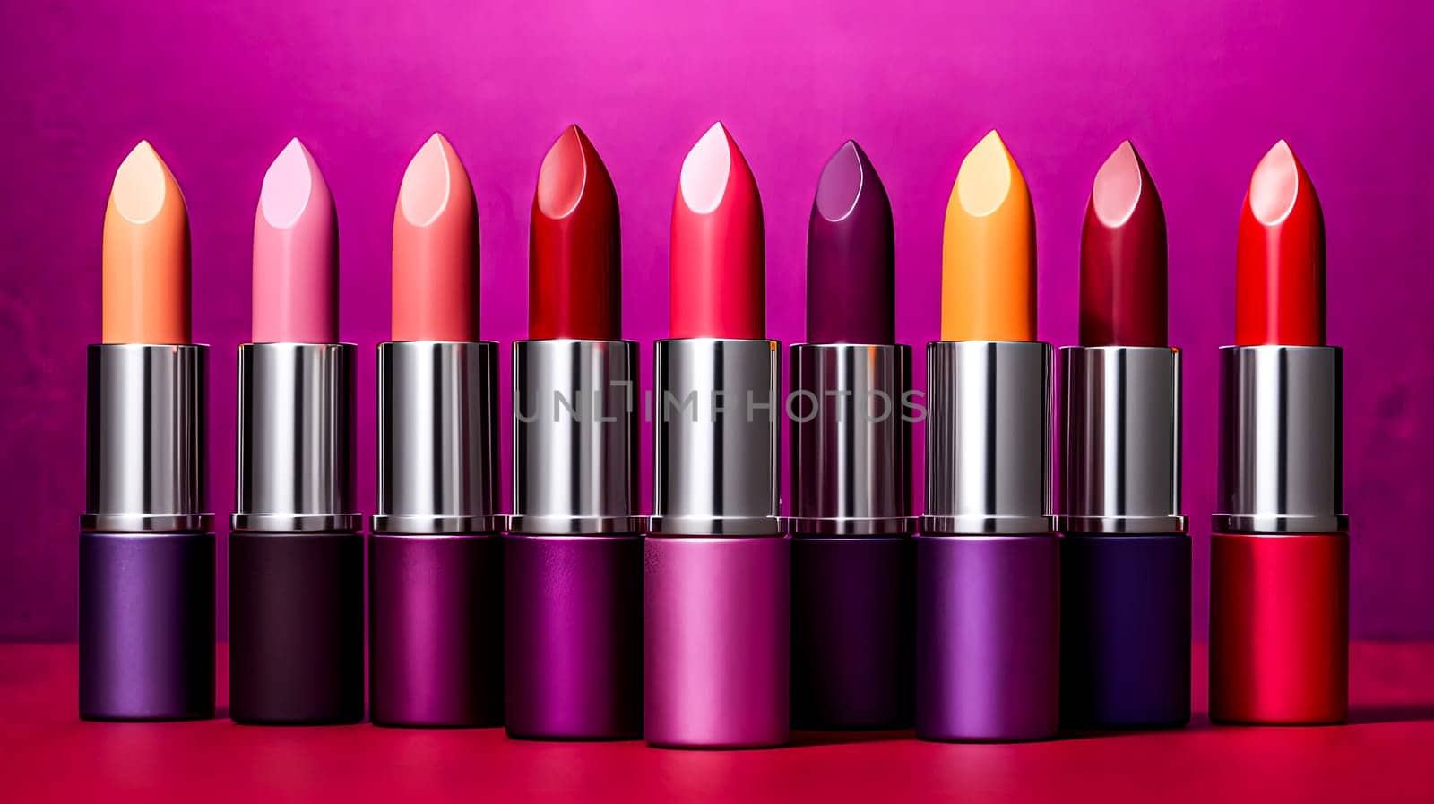 A row of colorful lipsticks are displayed on a table. The lipsticks are arranged in a way that they look like they are melting or spilling out of their containers. Concept of fun and playfulness