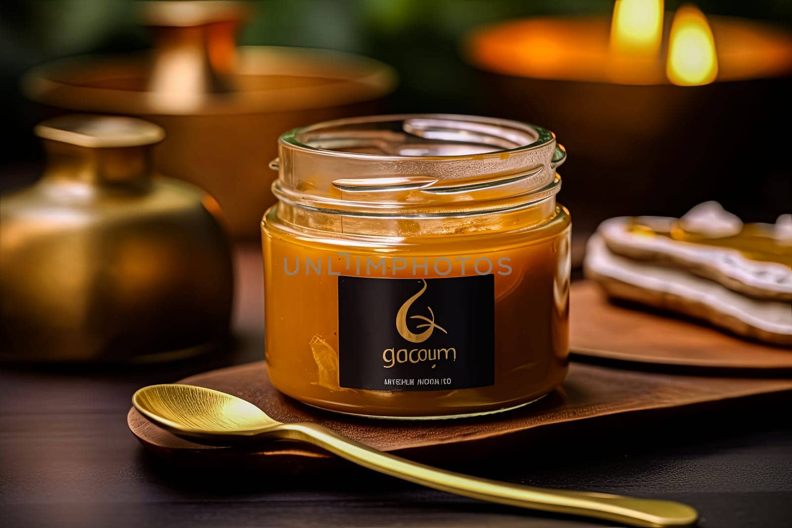 A jar of honey is sitting on a wooden table with a spoon next to it. The jar is labeled with the word "Goom" and has a gold spoon next to it. The scene has a warm and inviting atmosphere
