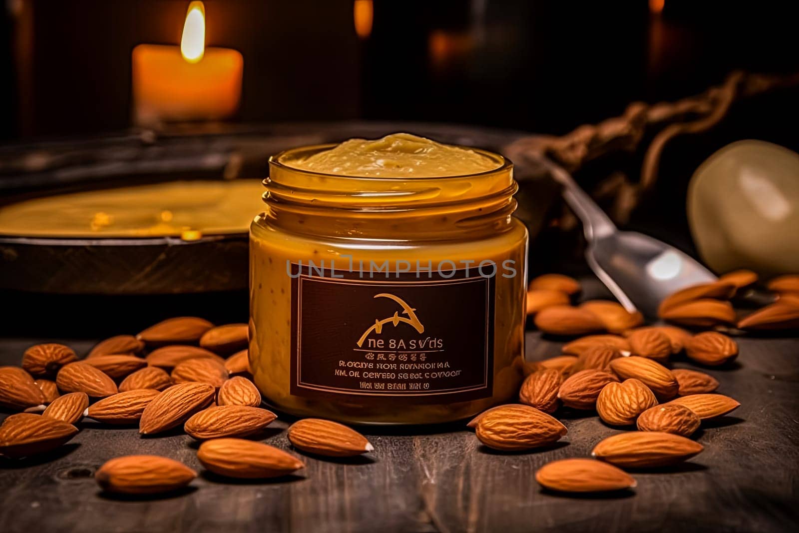 A jar of almond butter sits on a table next to a bowl of almonds. Almond oil for skincare on face and decollete